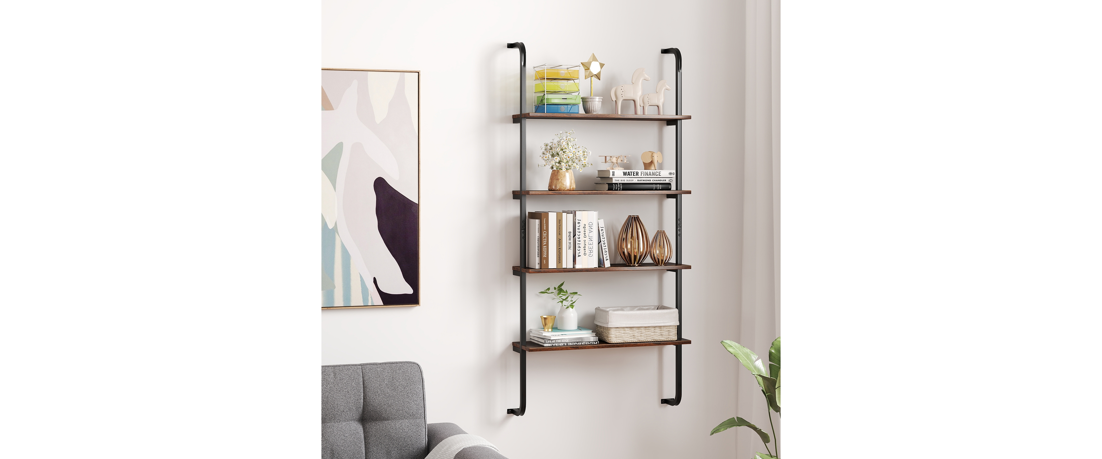 Sugift 4-Tier Wall-Mounted Industrial Pipe Shelving with Metal Frame for Living Room and Kitchen