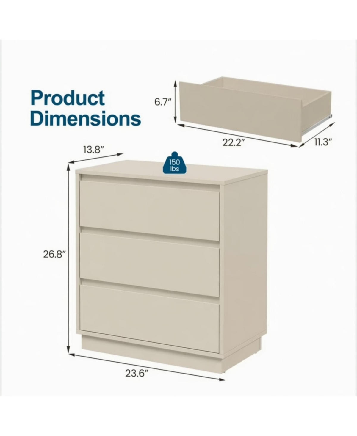 Flynama 23.6" Wide 3 Drawer Modern Nightstand, Beige Storage Bedside Table with Soft Close Drawers