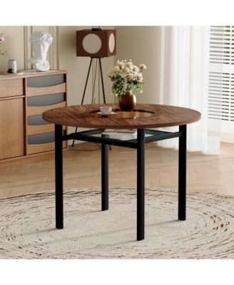 Round Wood Grain Dining Table with Glass Inlay and Glass Shelf