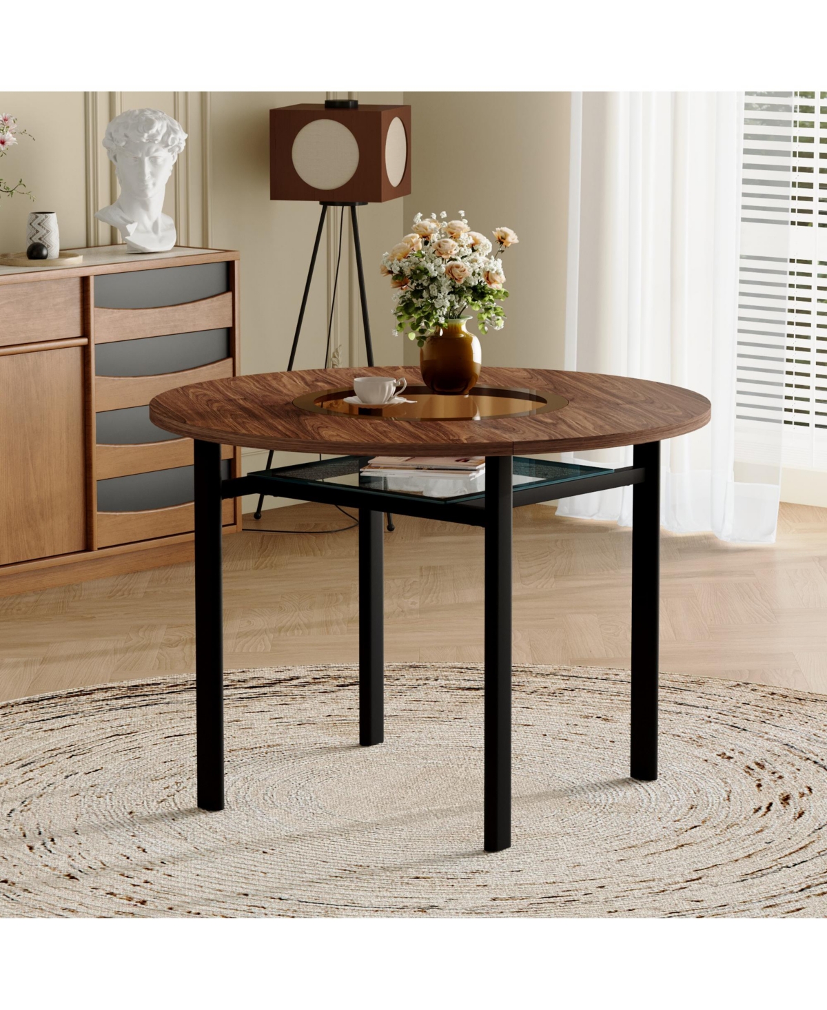Flynama Round Wood Grain Dining Table with Glass Inlay and Glass Shelf