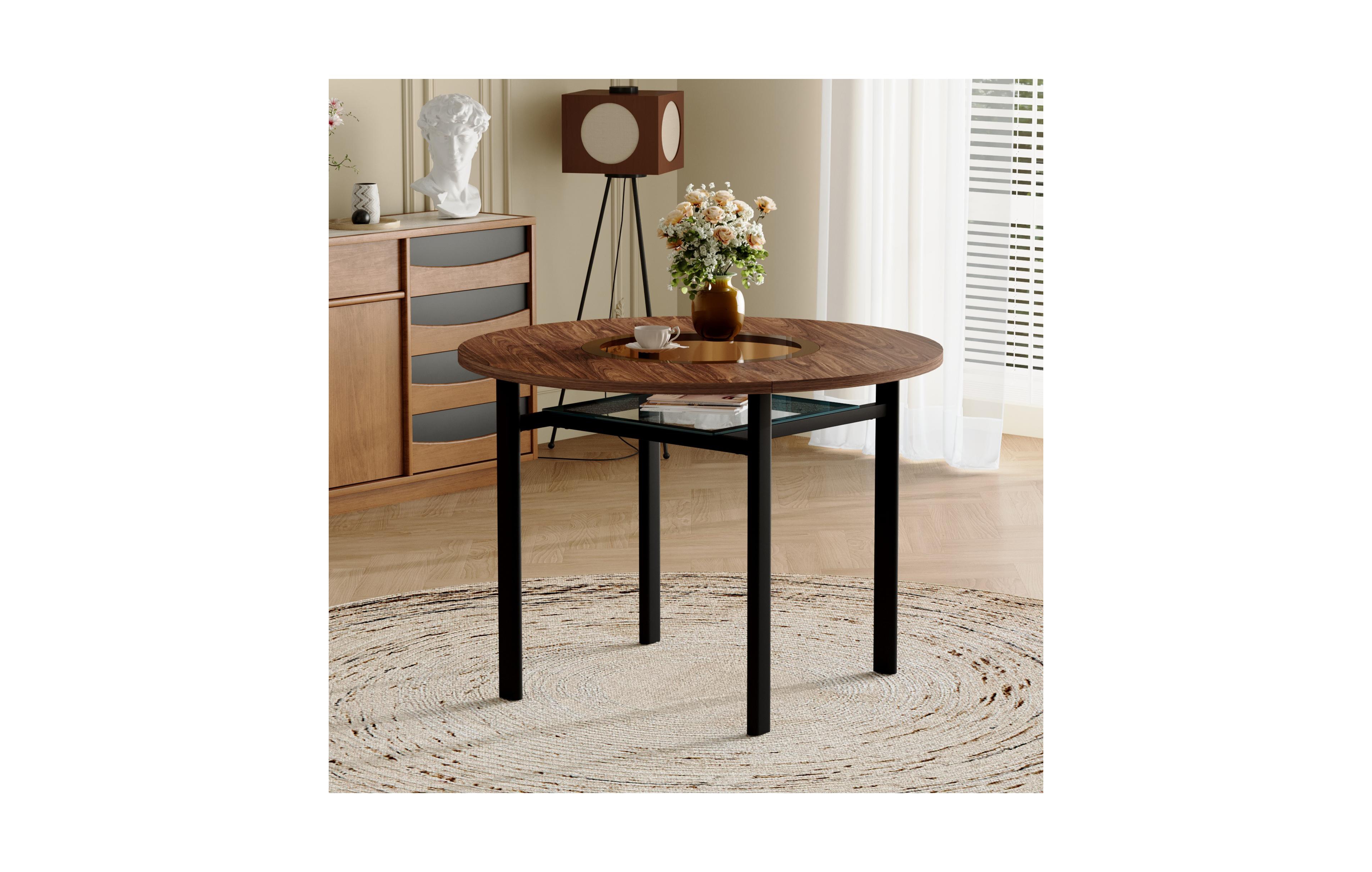 Flynama Round Wood Grain Dining Table with Glass Inlay and Glass Shelf