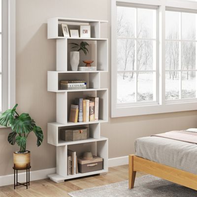 6-Tier Geometric S-Shaped Bookshelf with 2 Anti-Tipping Kits for Home Office