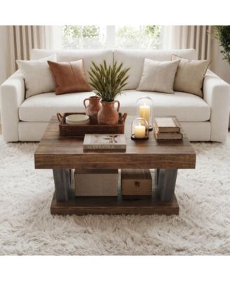 2-Tier Rustic Wood Coffee Table, Farmhouse Square, Large