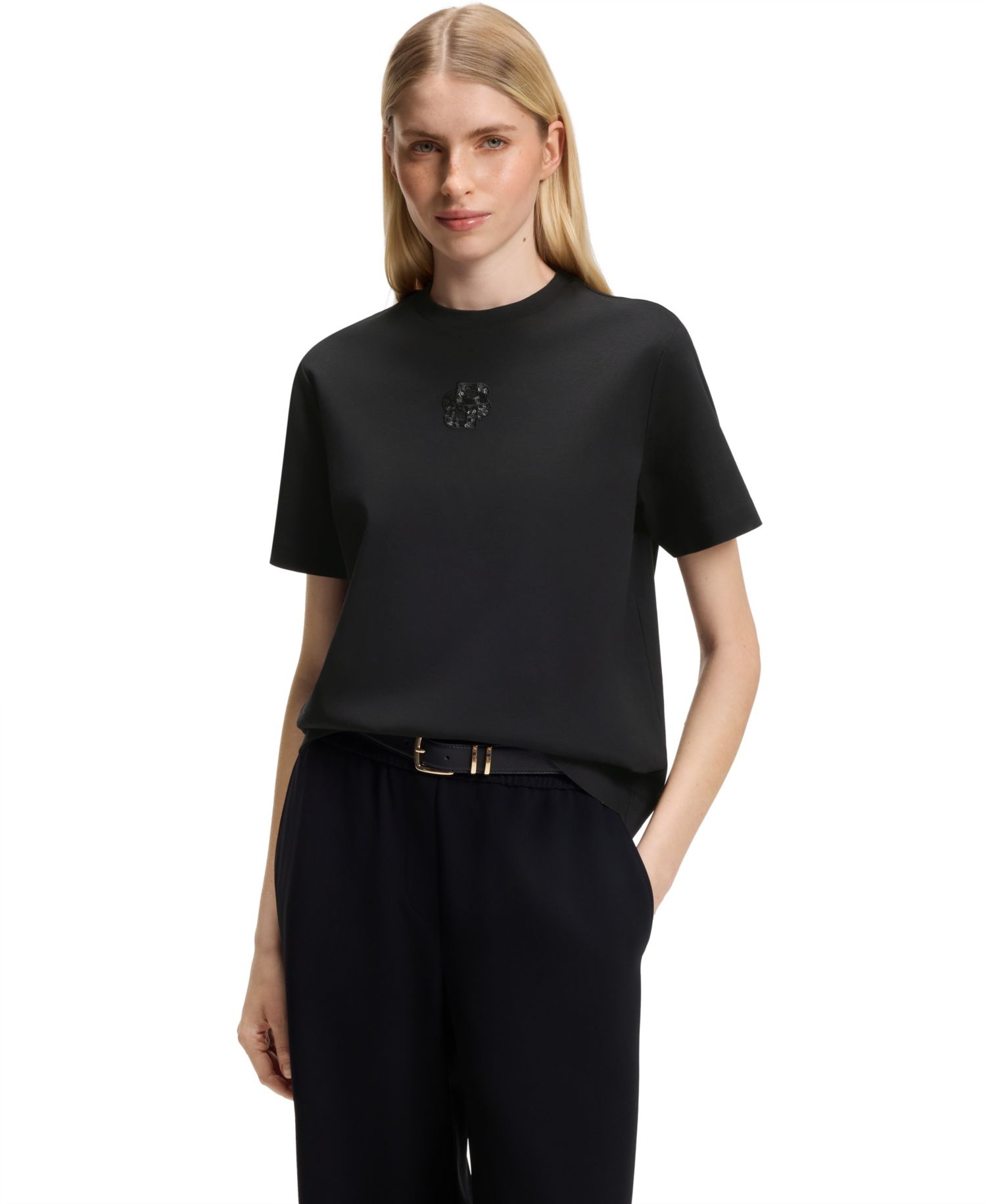 BOSS by Women's Relaxed-Fit Monogram Heavyweight Cotton Sequin-Embroidered T-Shirt