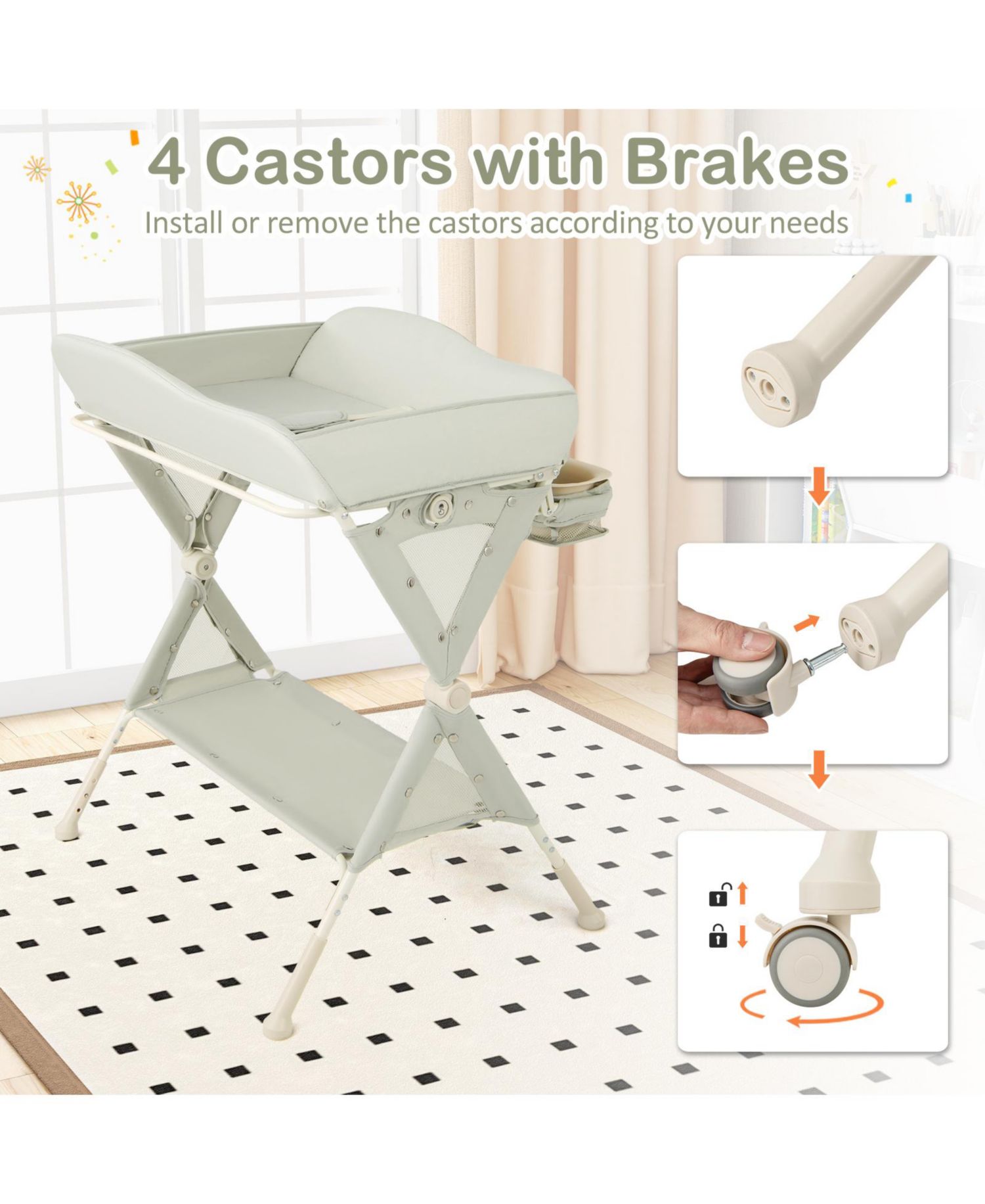 Portable Baby Changing Table with Water Basin and Rolling Wheels for Nursery