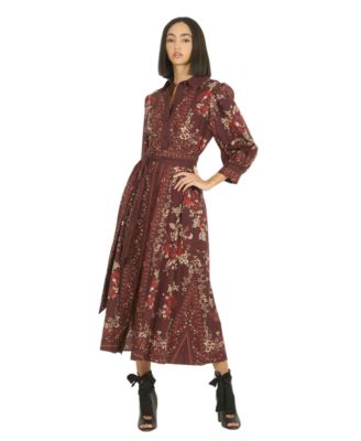 Women's Floral Border Print Button Front Belted Midi Shirt Dress