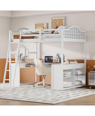 Wooden Loft Bed with Desk, Storage and Tri-fold Mirror