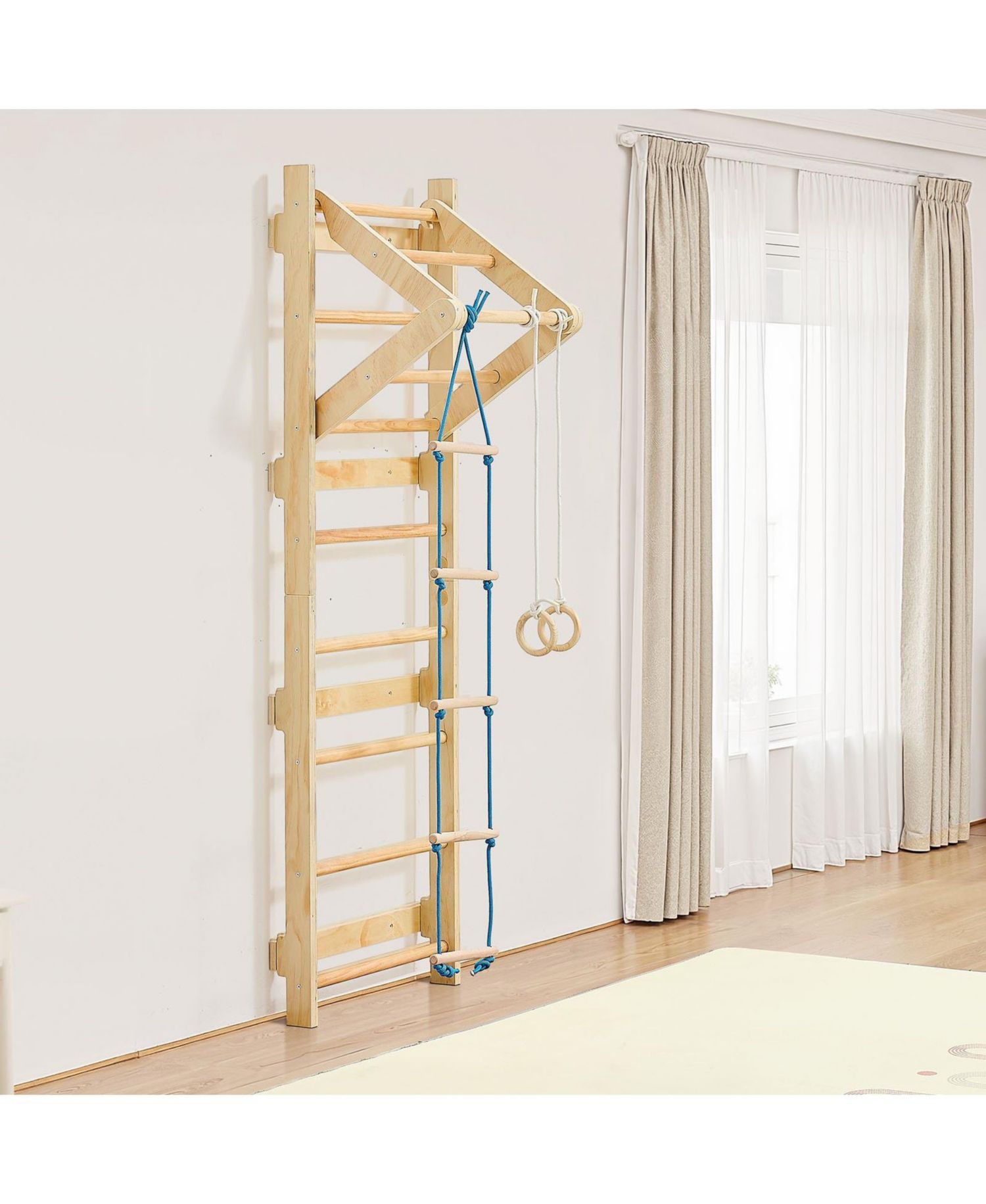 4 in 1 Swedish Ladder Wall Gym with Gym Rings and Pull Up Bar