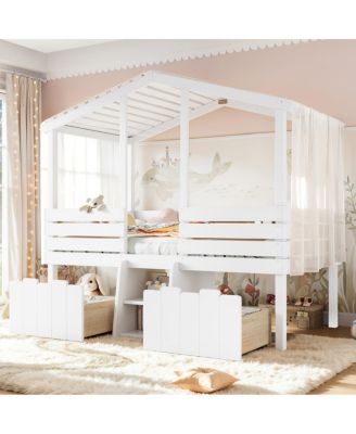  Twin House Loft Bed with Stairs and Storage Drawers
