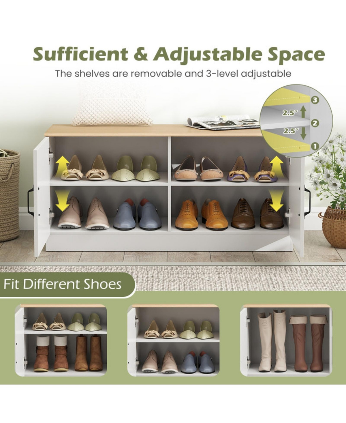 Sugift 2-Door Shoe Storage Bench with Adjustable Shelves and 300 Pound Seating Top for Entryway