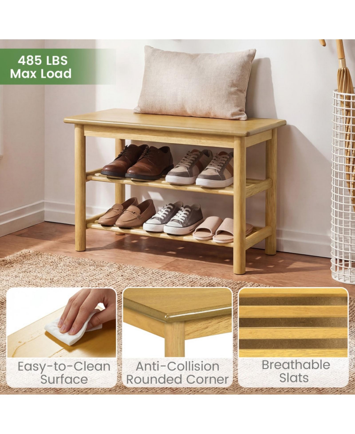 Sugift 3-Tier Rubberwood Shoe Rack Bench with Slatted Shelves and 485 Pound Seat