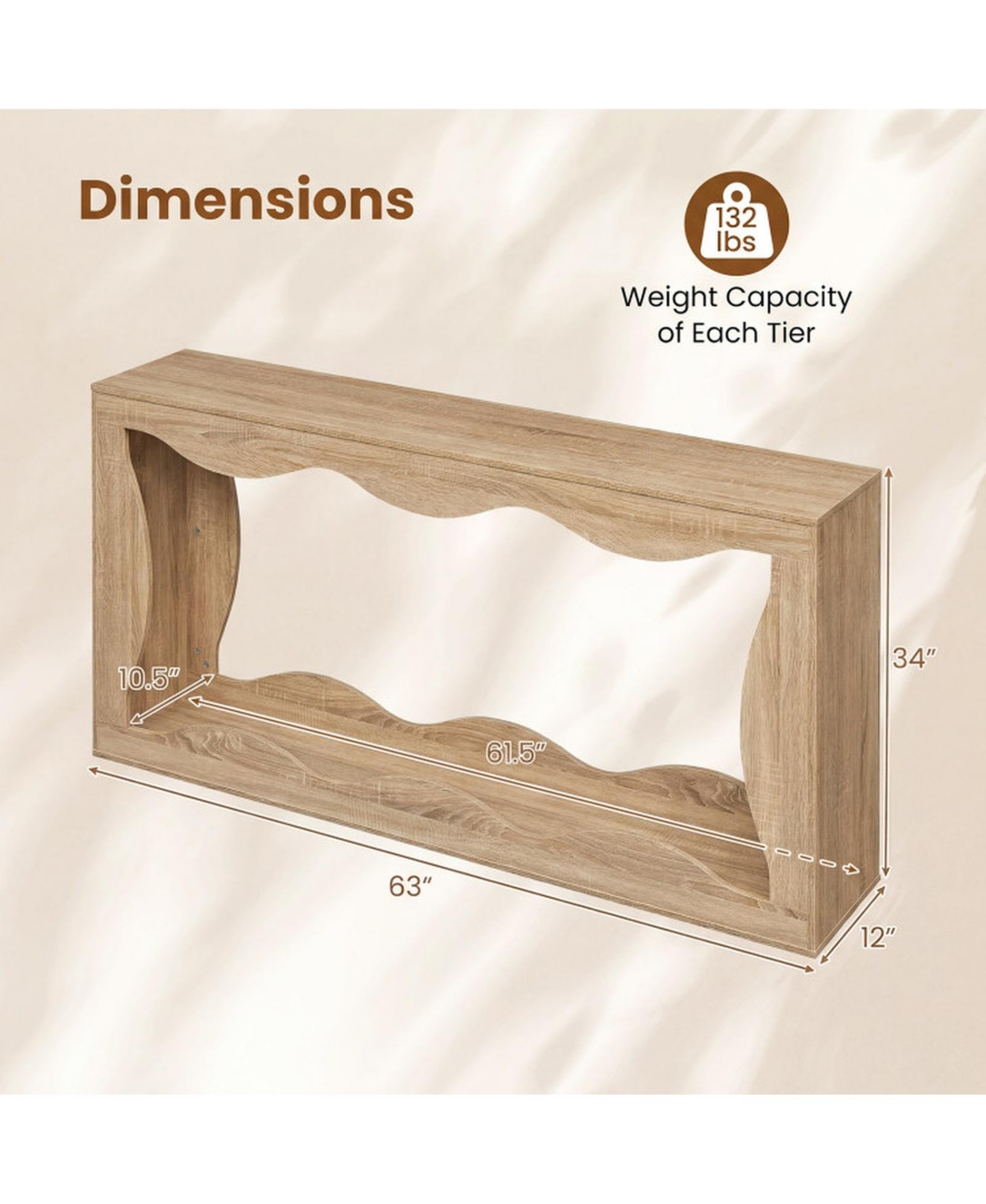Sugift 63 Inch Console Table 2-Tier Narrow Entryway Table with Wavy Edge and Storage Shelf