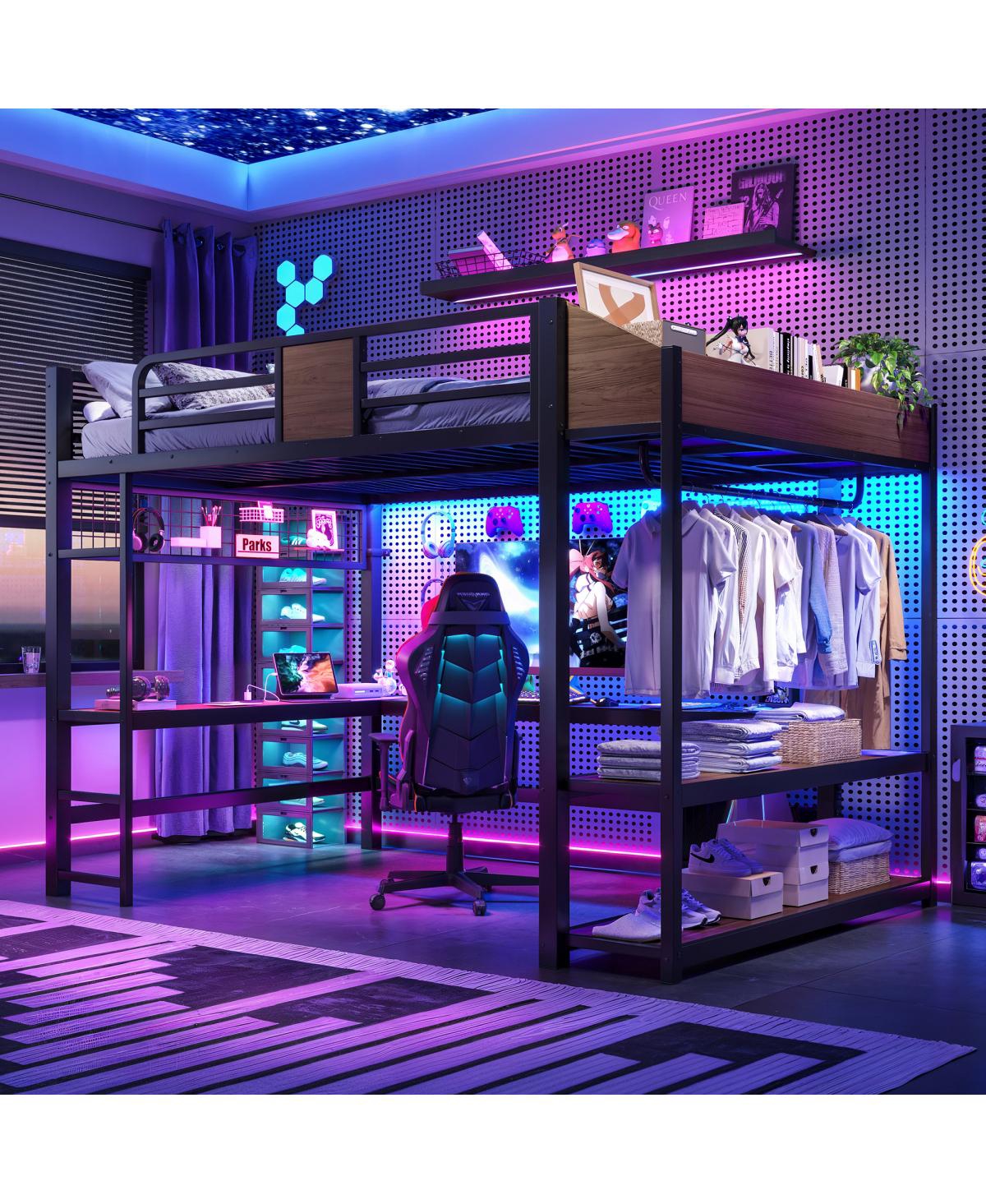 Streamdale Furniture Queen Loft Bed with L-Shaped Desk, Shelves, Lights, and Usb Ports