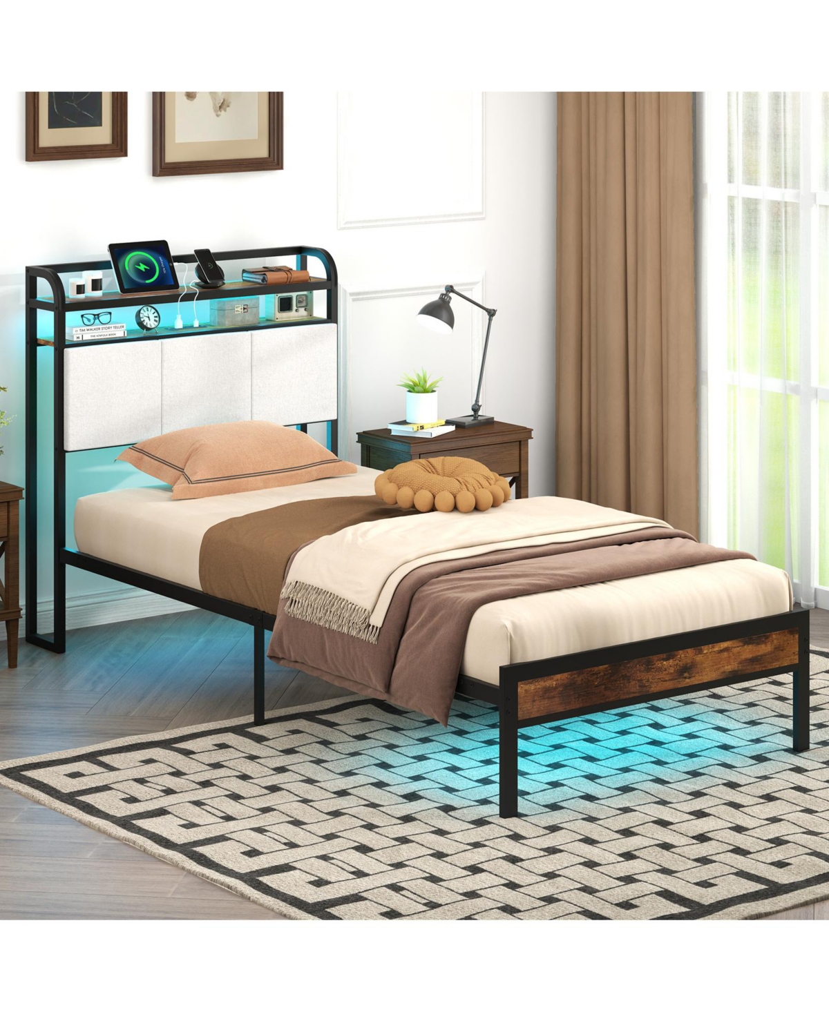 Slickblue Modern Bed Frame with Led Lighting and Charging Station