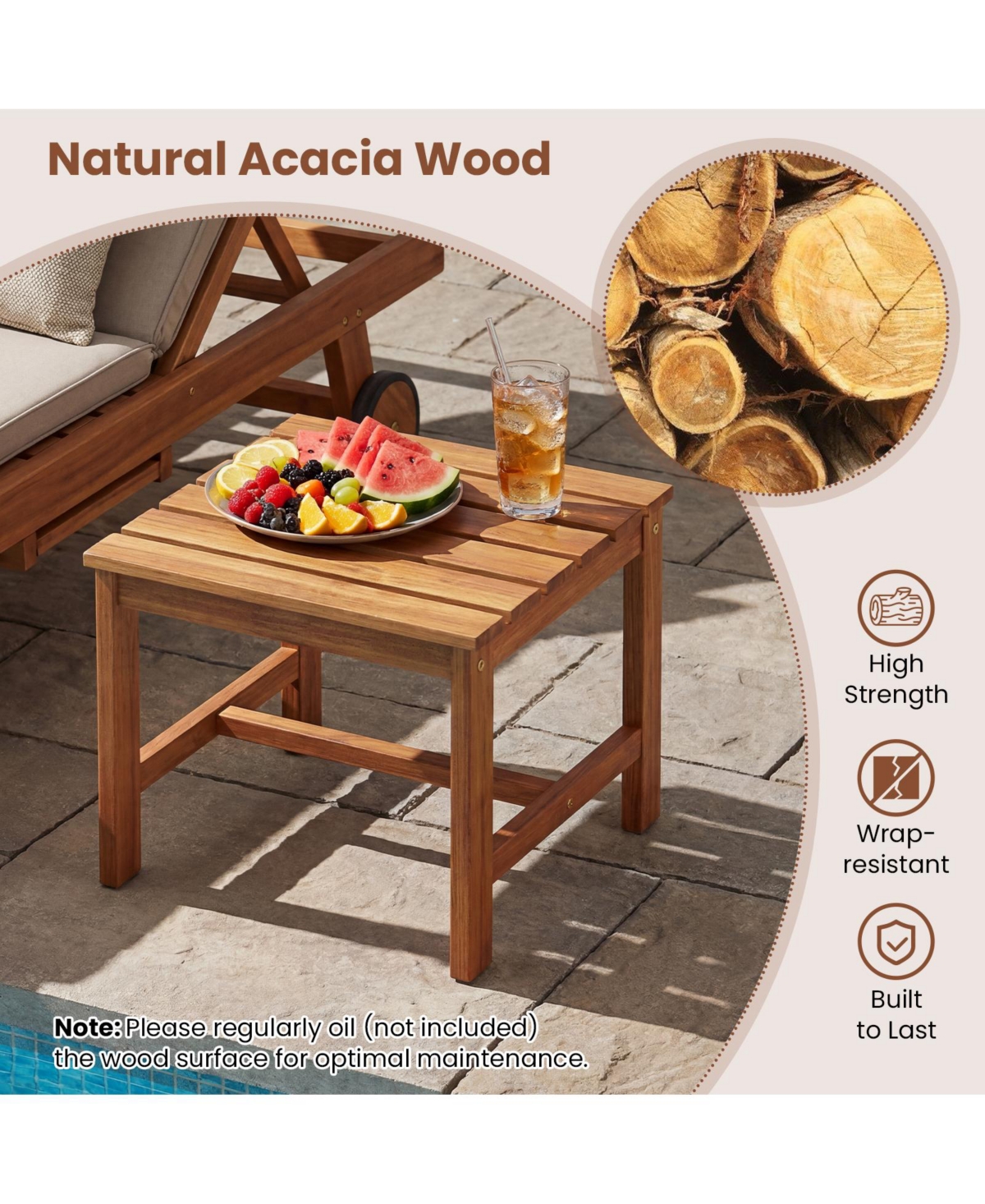 Gymax Patio Acacia Wood Accent Side Table17'' Square End Table with Slatted Tabletop