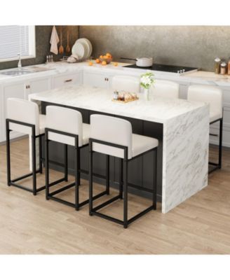White Bar Stools Set of 6 Counter Height Faux Leather Upholstered Chairs with Backrest Sturdy Metal Legs for Kitchen Island Dining Room