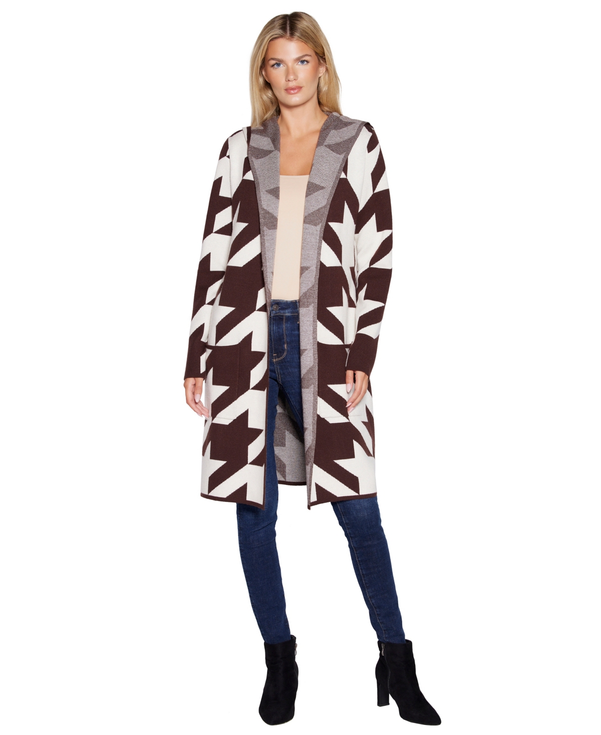 Belldini Women's Hooded Houndstooth Cardigan