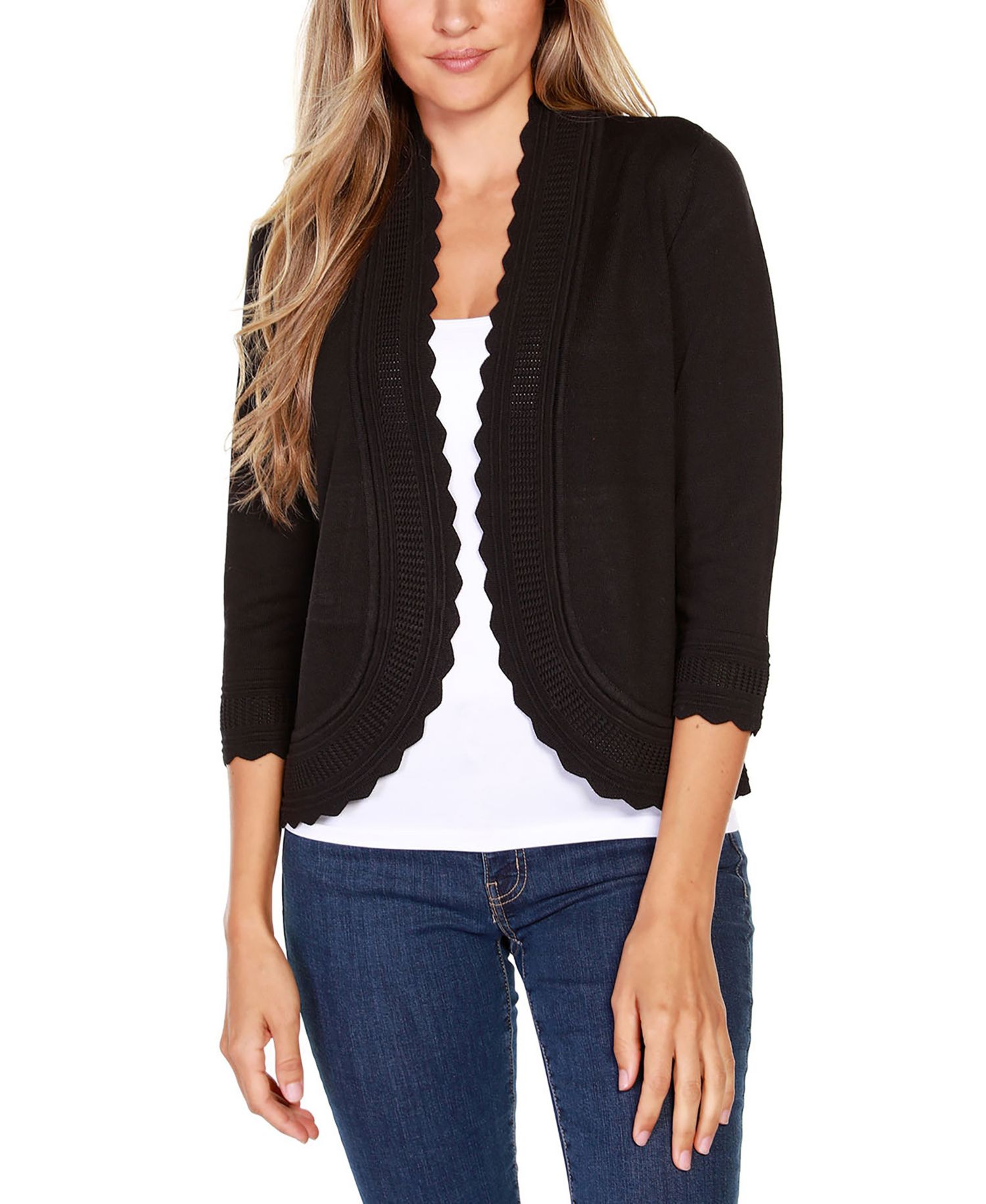 Women's Open-Front Scalloped 3/4-Sleeve Cardigan
