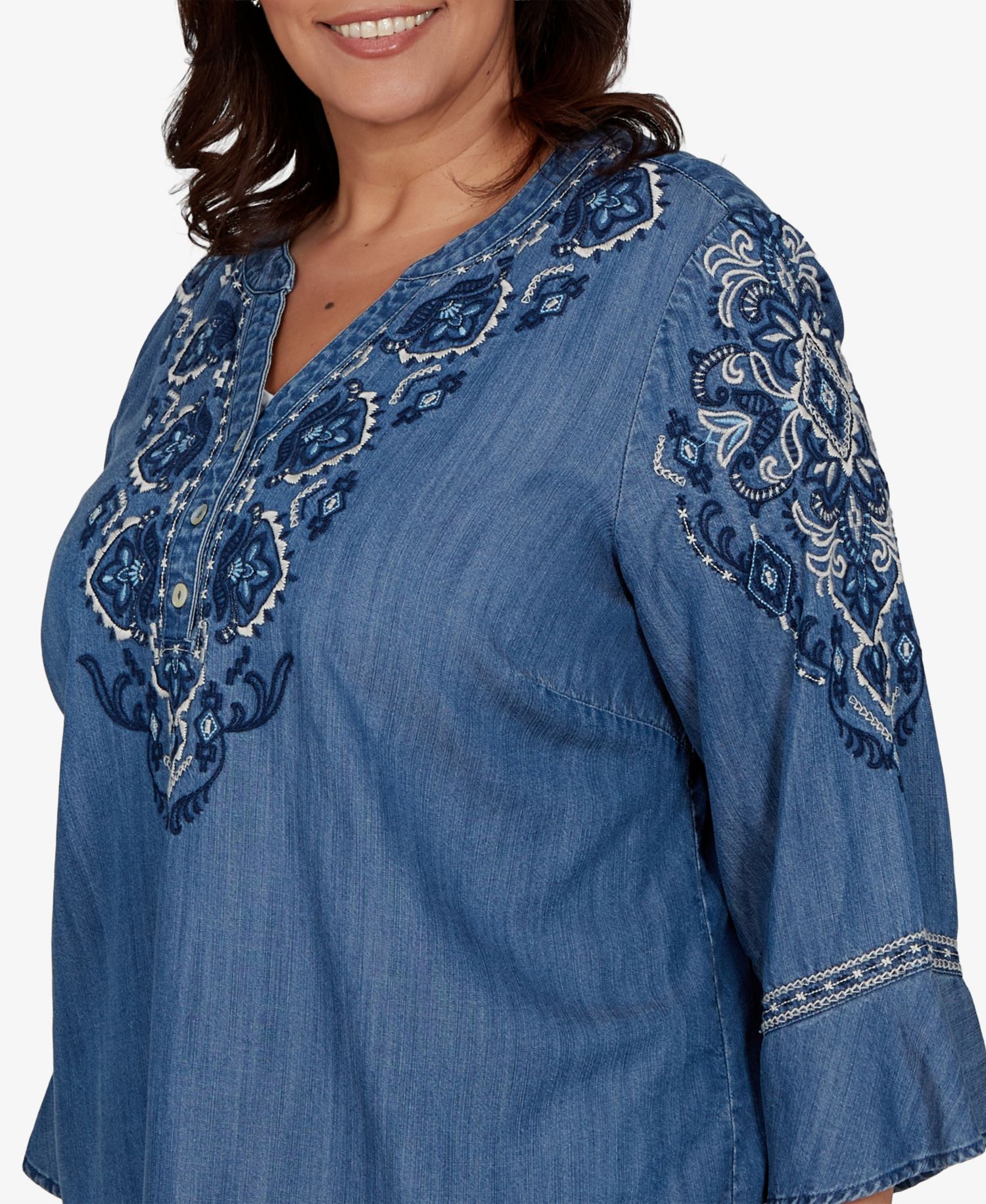 Plus Size Embroidered Henley Denim Blouse