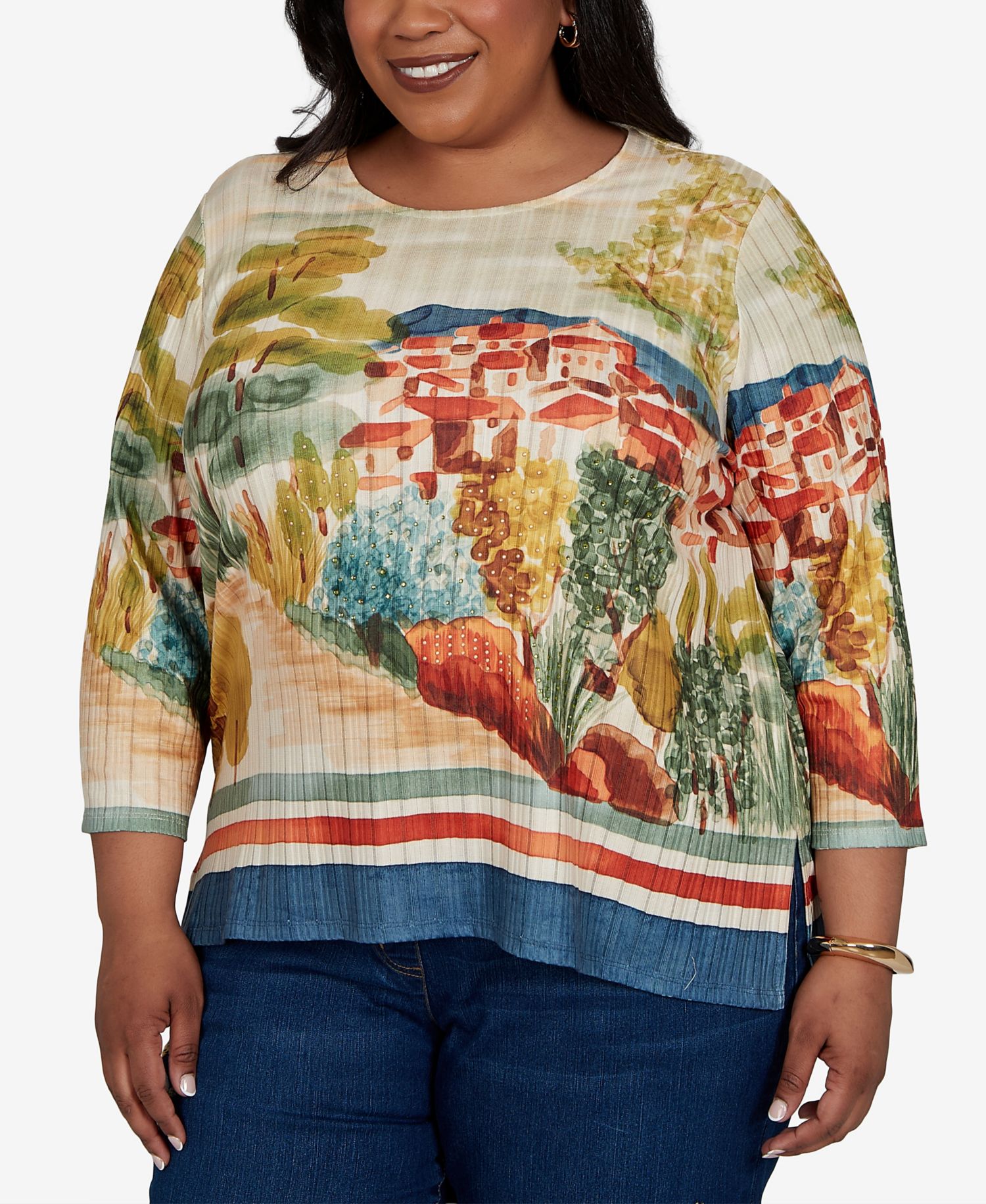 Plus Size 3/4-Sleeve Side-Slit T-Shirt