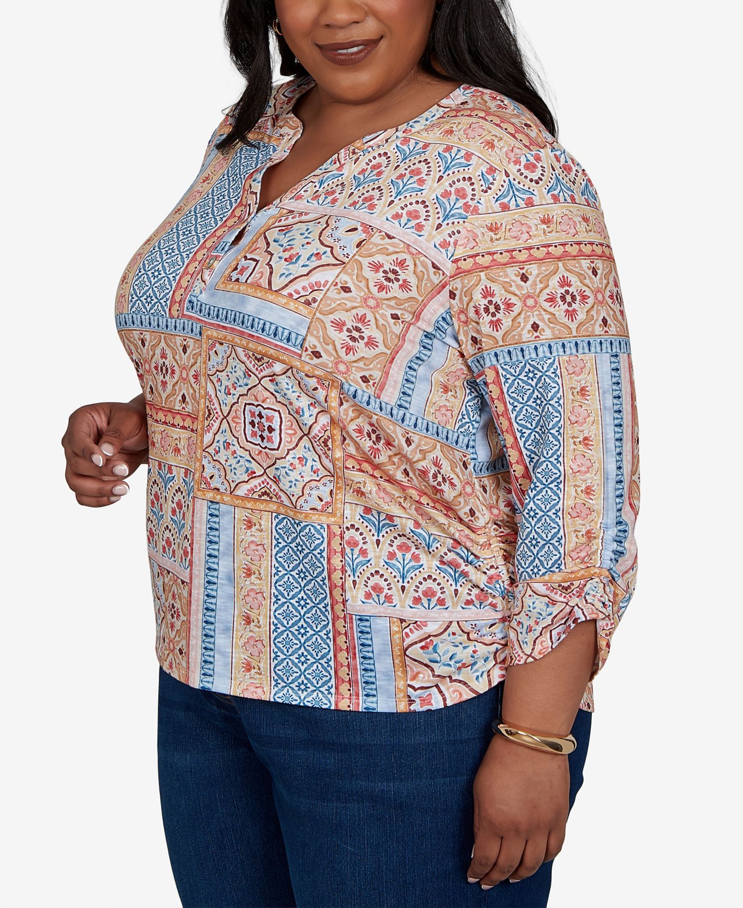 Plus Size 3/4-Sleeve Patchwork-Print Blouse