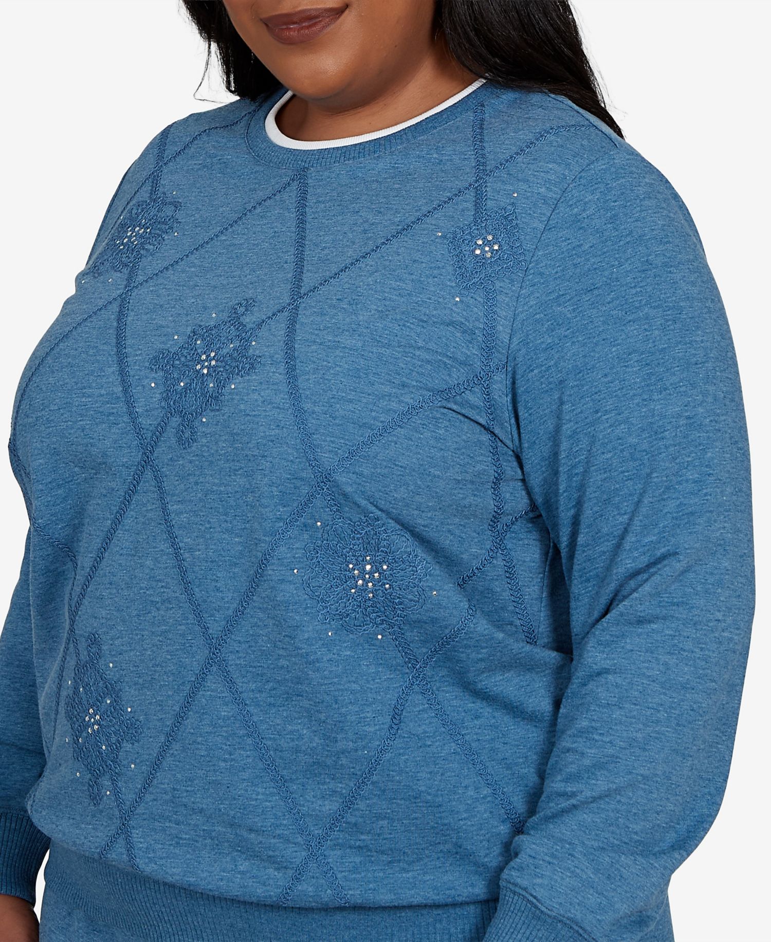 Plus Size Crewneck Long-Sleeve Argyle With Rhinestone Embellishments Top