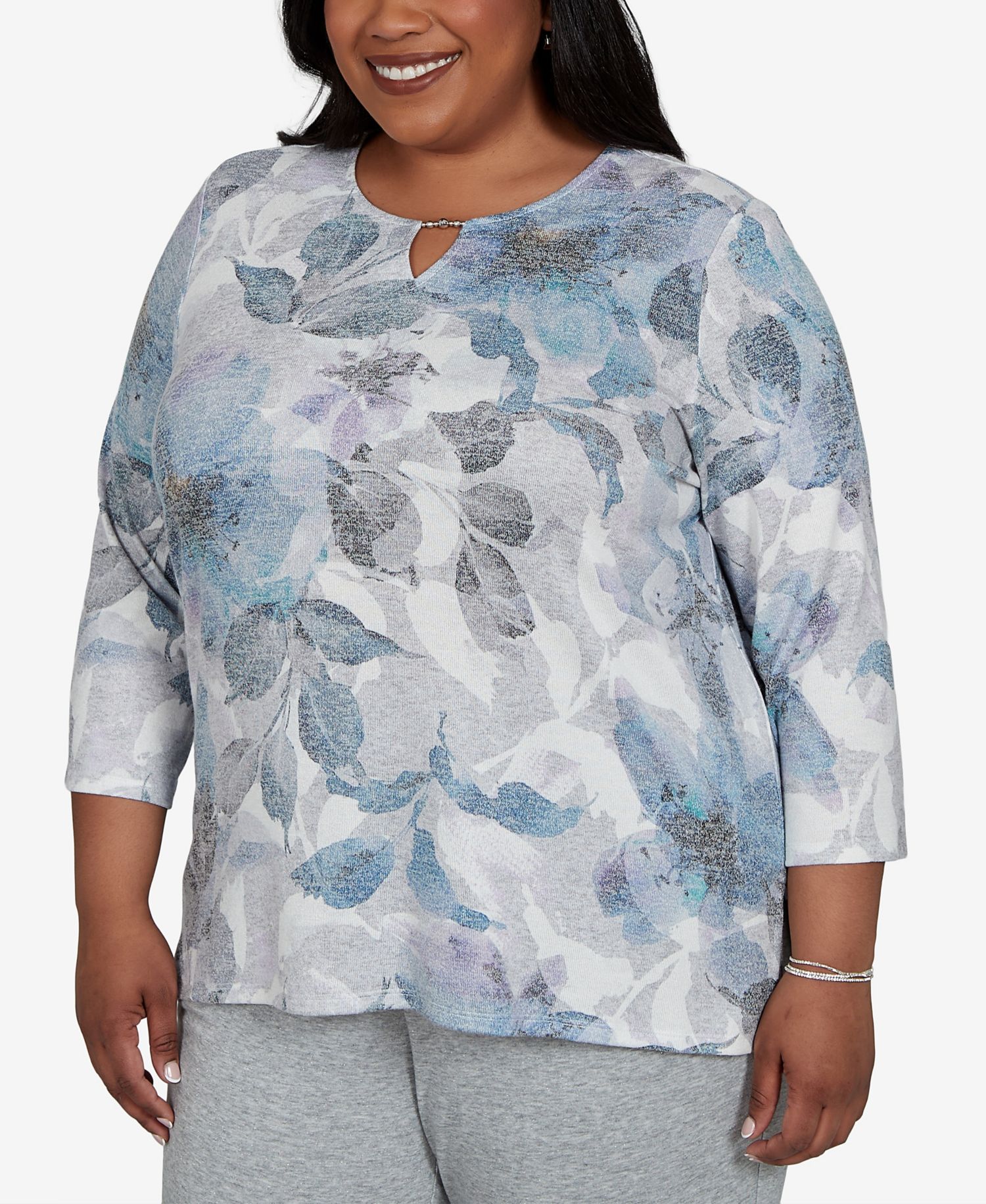 Plus Size Floral-Print 3/4-Sleeve T-Shirt