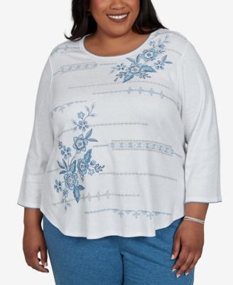 Plus Size Floral-Print 3/4-Sleeve Cotton-Blend T-Shirt