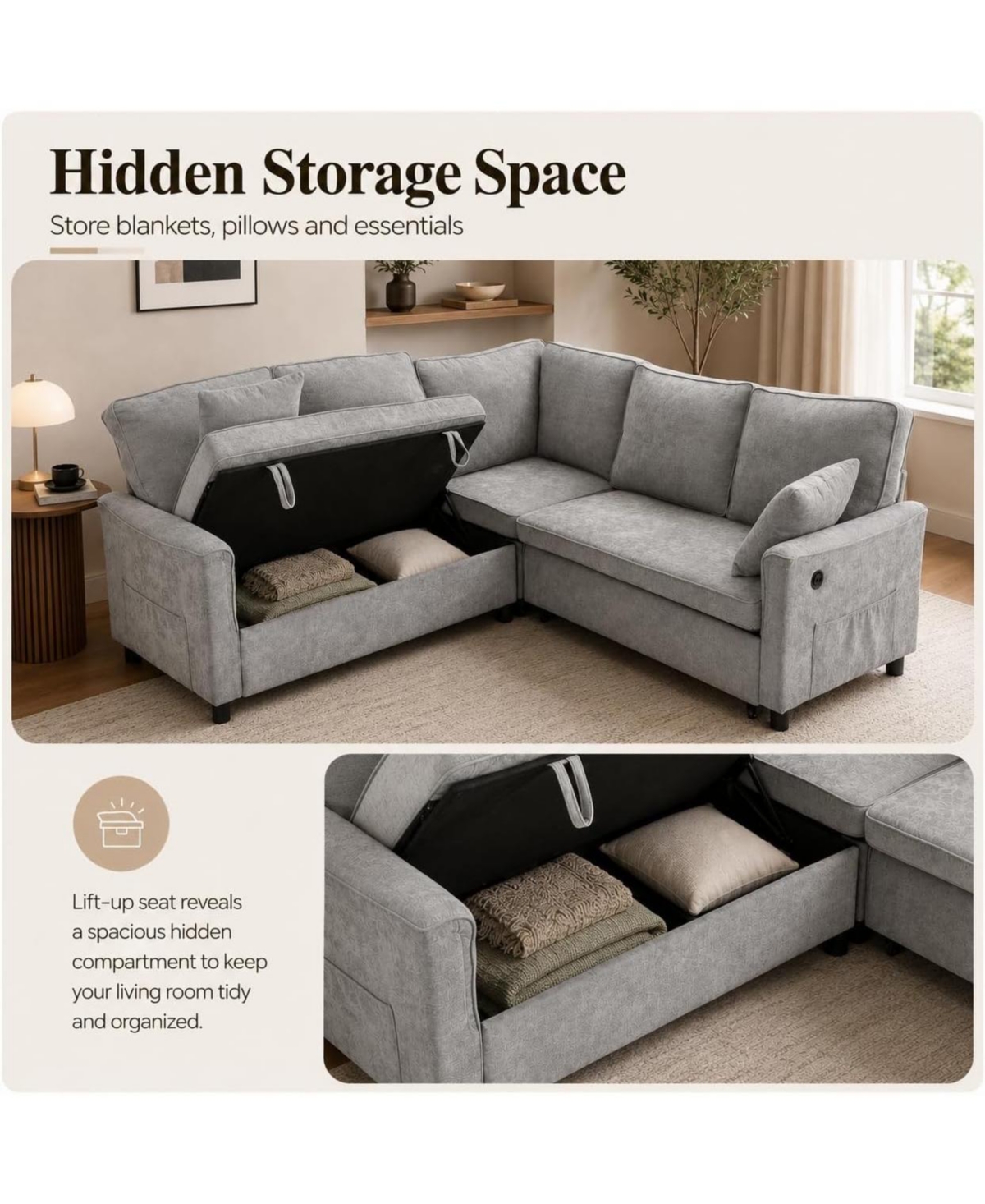 gaomon L-Shaped Sleeper Sofa, Chenille Sectional Couch with Storage, Khaki, Pull-Out Bed, Reversible Chaise and 286 Lb per Seat Support