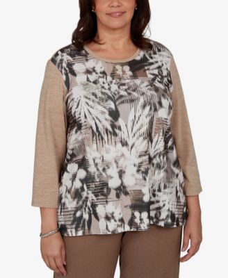 Plus Size Floral-Print 3/4-Sleeve T-Shirt