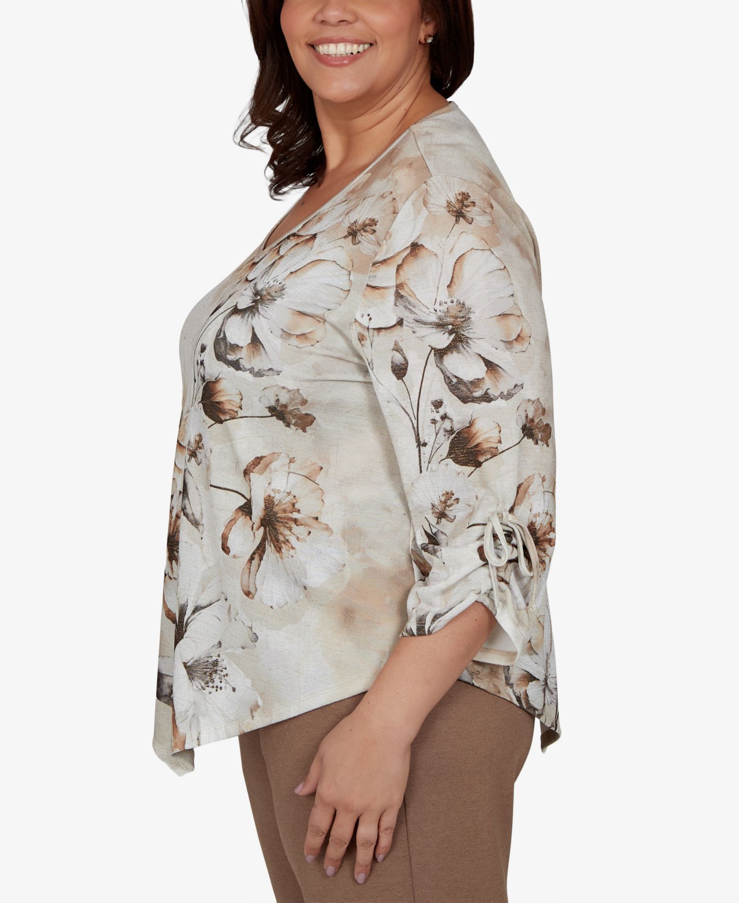Plus Size Floral-Print V-Neck 3/4-Sleeve Blouse