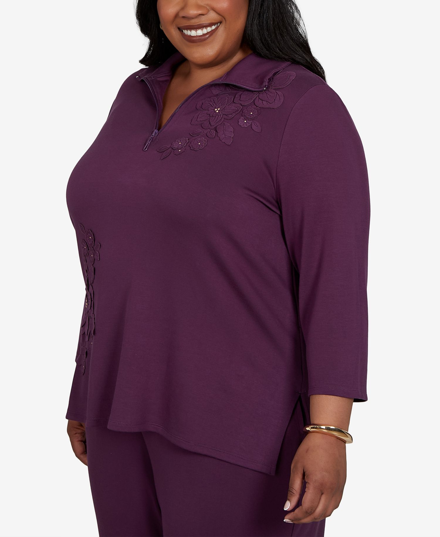 Plus Size 3/4-Sleeve Quarter-Zip Tunic Top