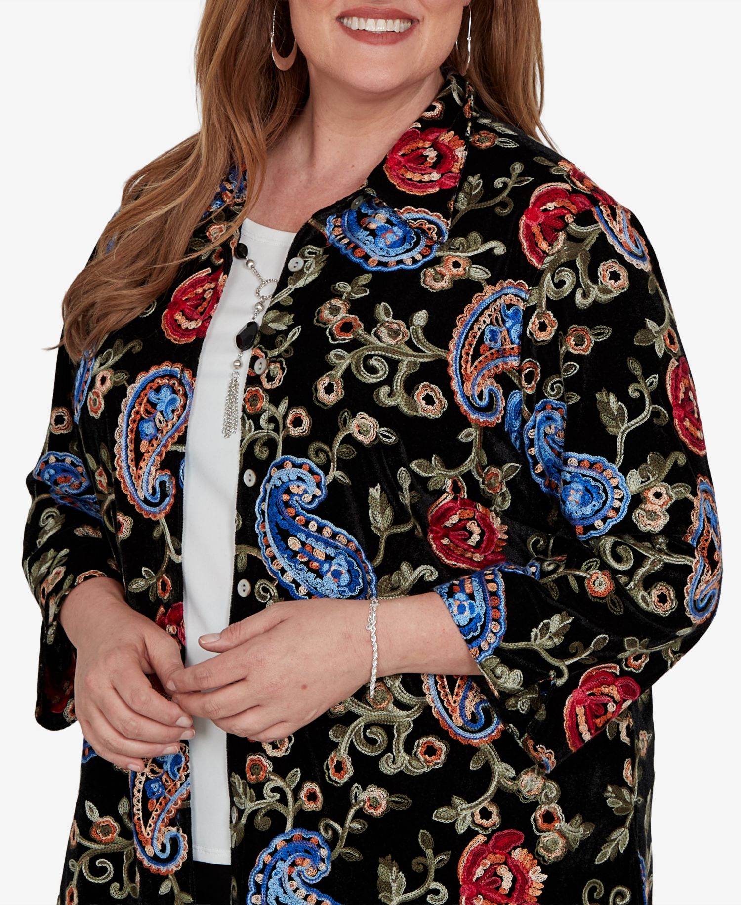 Plus Size Collared 3/4-Sleeve Velvet Top