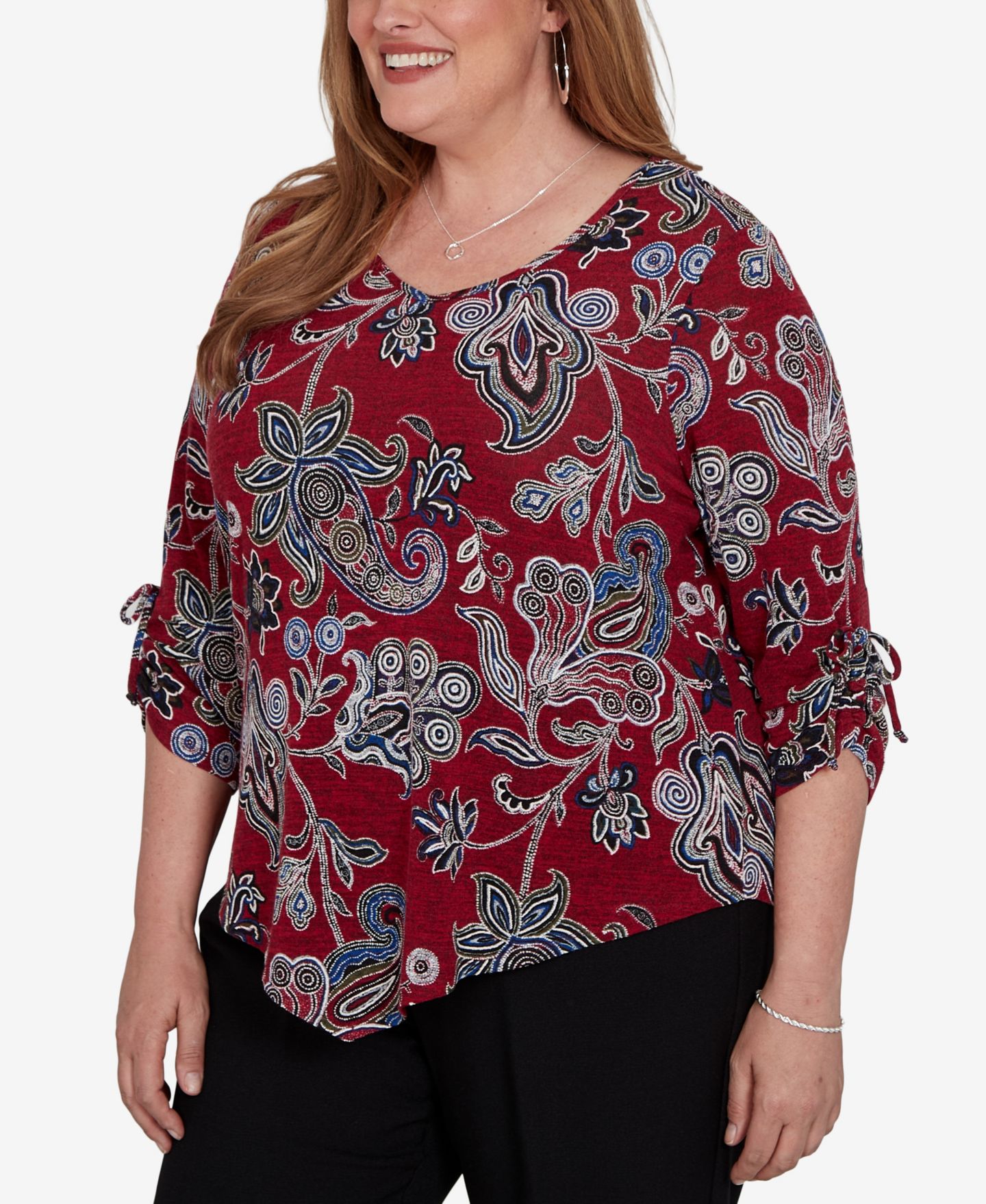 Женская блузка Alfred Dunner Plus Size V-Neck 3/4-Sleeve Paisley-Print, цвет: Красный — фото 3