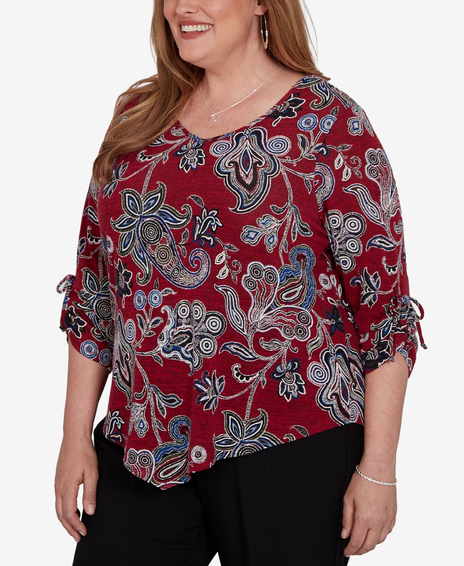 Plus Size V-Neck 3/4-Sleeve Paisley-Print Blouse