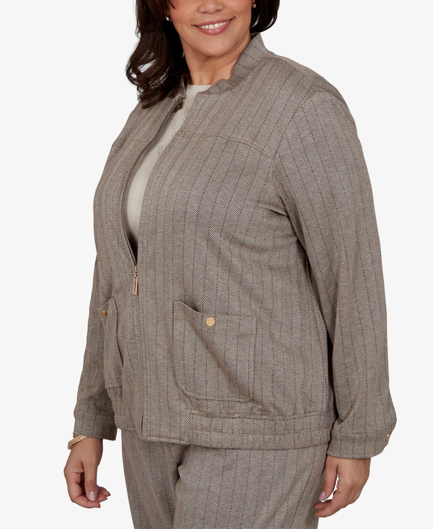 Plus Size Striped Mandarin Collar Bomber Jacket