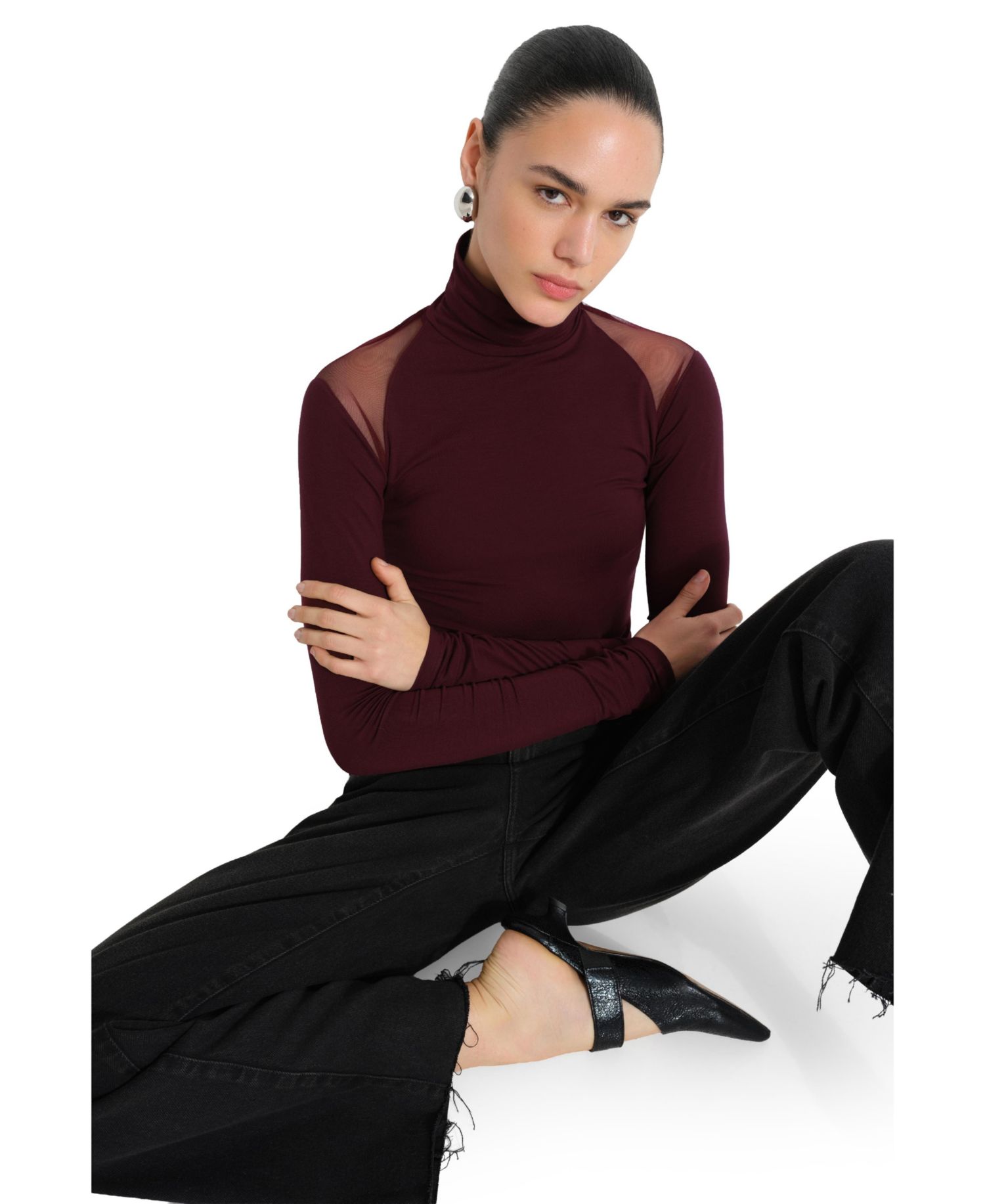 Women's Maria Turtleneck Long-Sleeve Asymmetrical-Mesh Top