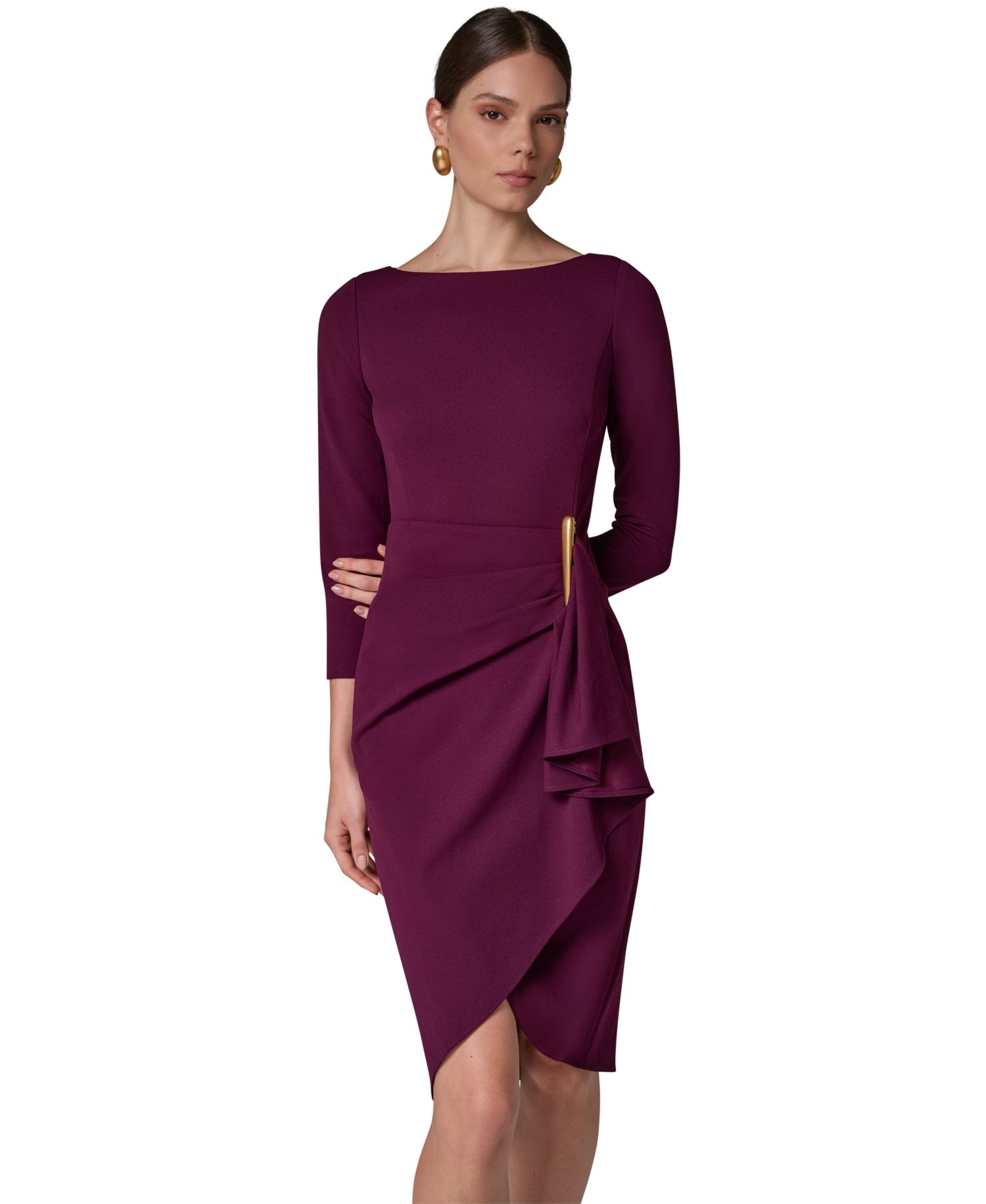 Petite Long-Sleeve Boat-Neck Side Cascade Ruffle Dress