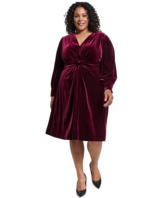 Plus Size Twist Front Long-Sleeve Cocktail V-Neck Velvet Dress