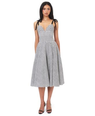 Women's Riley Black and White Striped Linen Flared Midi Dress