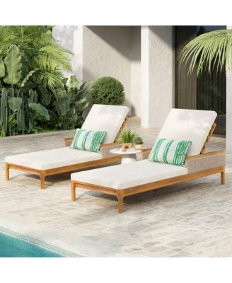Set of 2 Acacia Wood Chaise Lounge with Cushions, Adjustable Backrest Outdoor Patio Chair