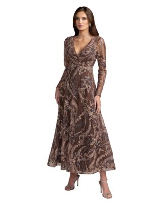 Women's Petite Floral V-Neck A-Line Long-Sleeve Midi Dress