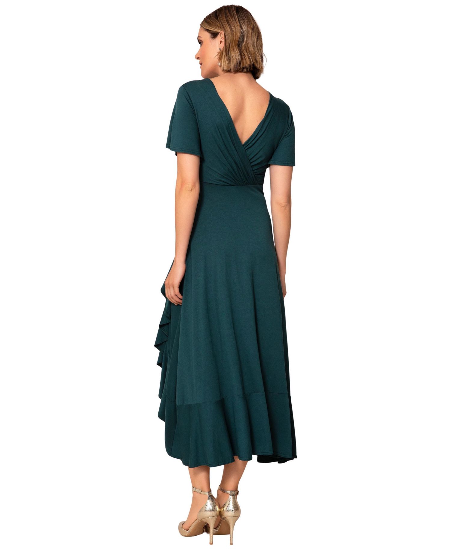 Petite Waterfall Ruffle Wrap V-Neck Short-Sleeve Midi Dress