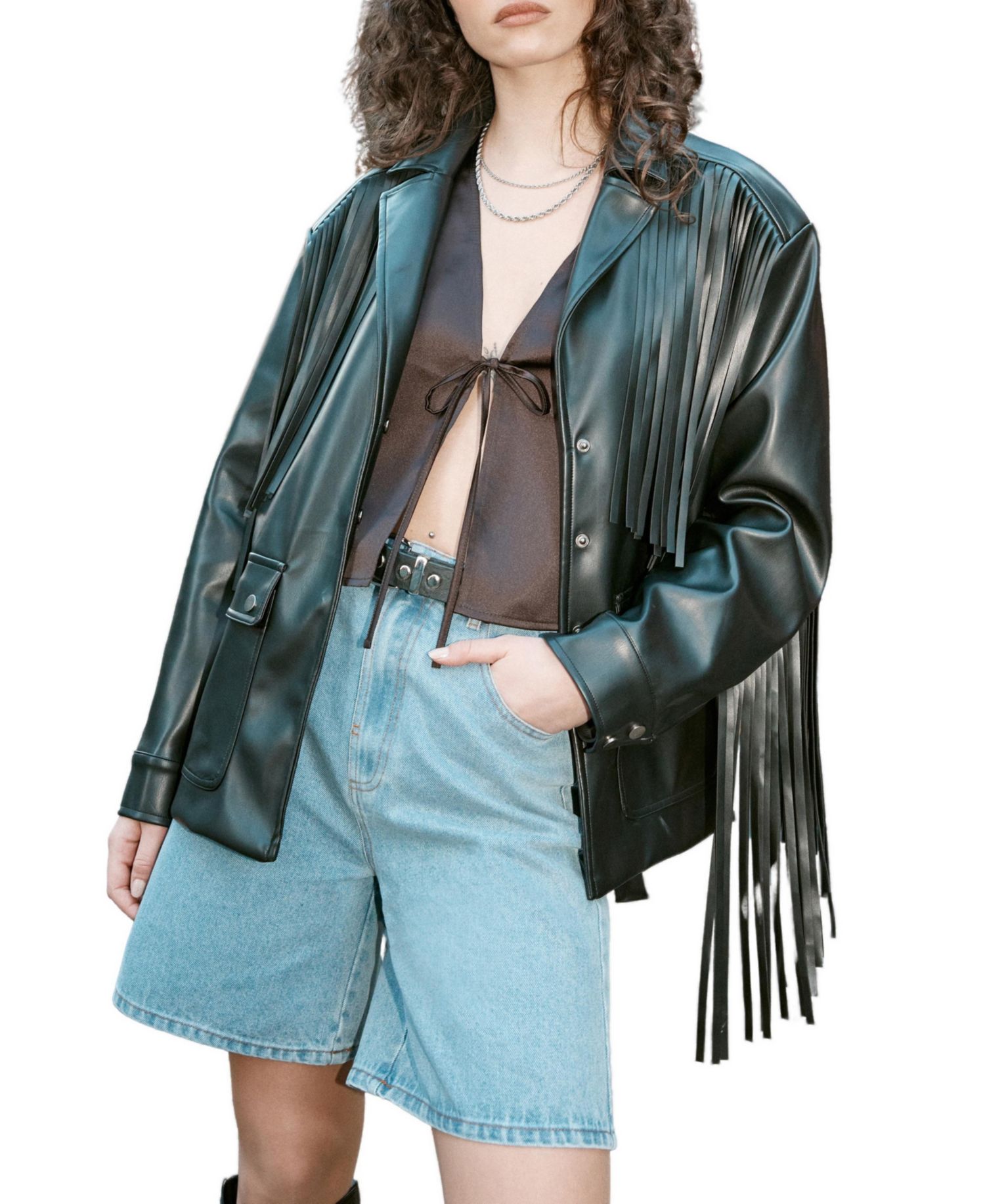 Women's Fringe Faux Leather Belted Jacket
