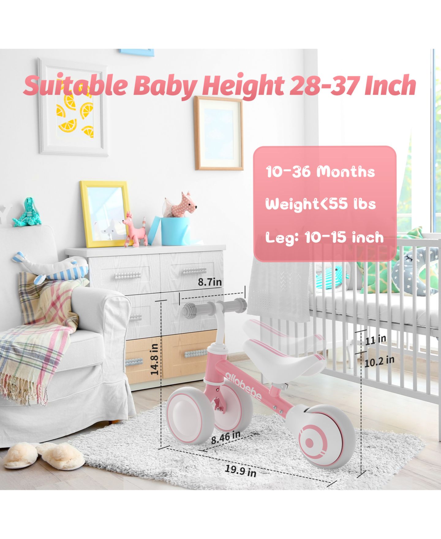 Детская игрушка Allobebe Baby 3-Wheel Balance Bike with Adjustable Seat and Silent Wheels, Ages 1-3, цвет: Красный розовый — фото 6
