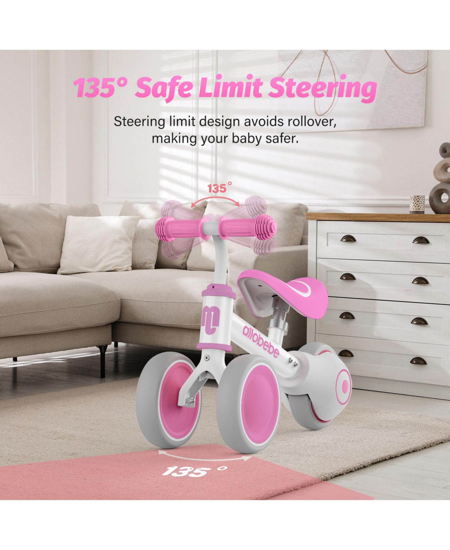 Детская игрушка Allobebe Baby Balance Bike, Carbon-Steel, 3-Wheel Adjustable-Seat Ride-On, Ages 1-3, цвет: Розовый красный — фото 3