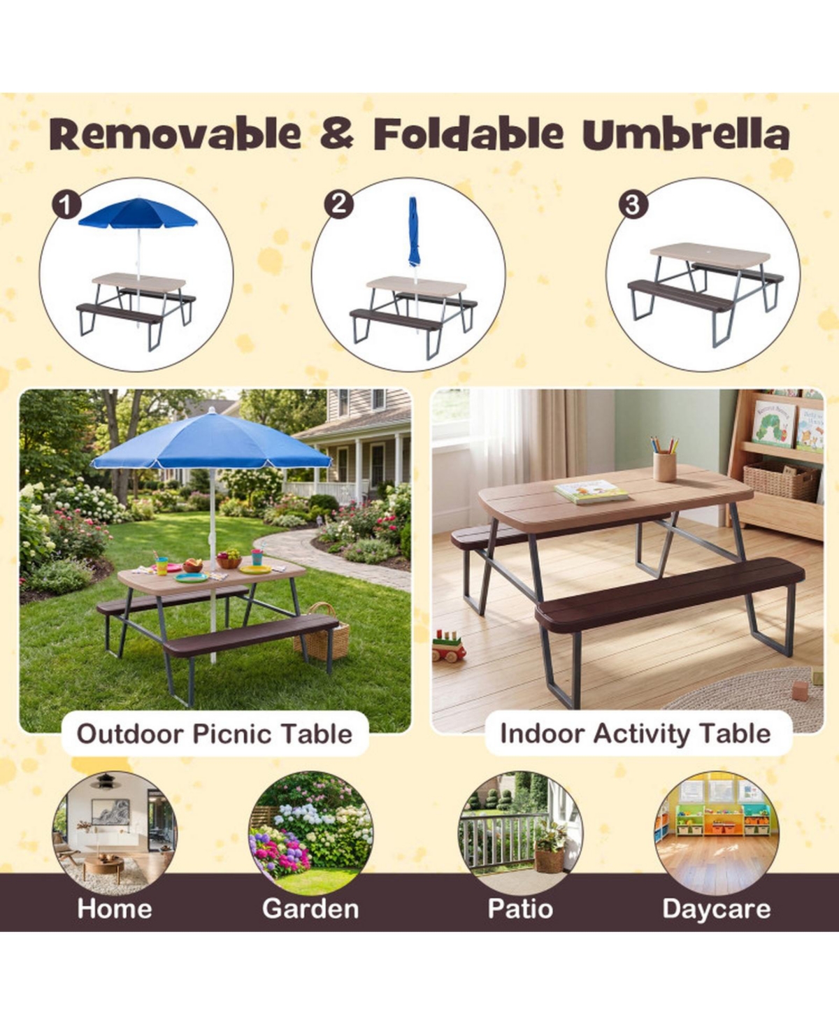 Sugift Kids Picnic Table Set for 4 with Removable Umbrella and Hdpe Tabletop