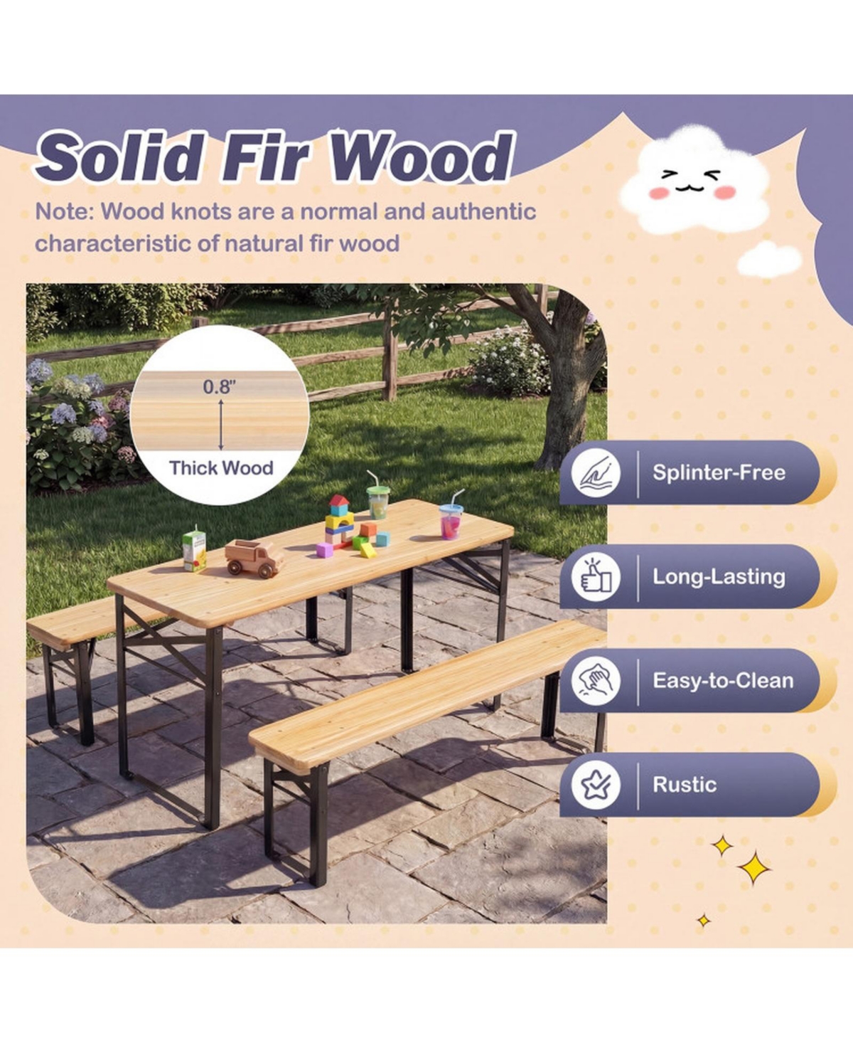 Sugift 43.5 Inch No-Assembly Folding Kids Picnic Table and Bench Set in Solid Fir Wood