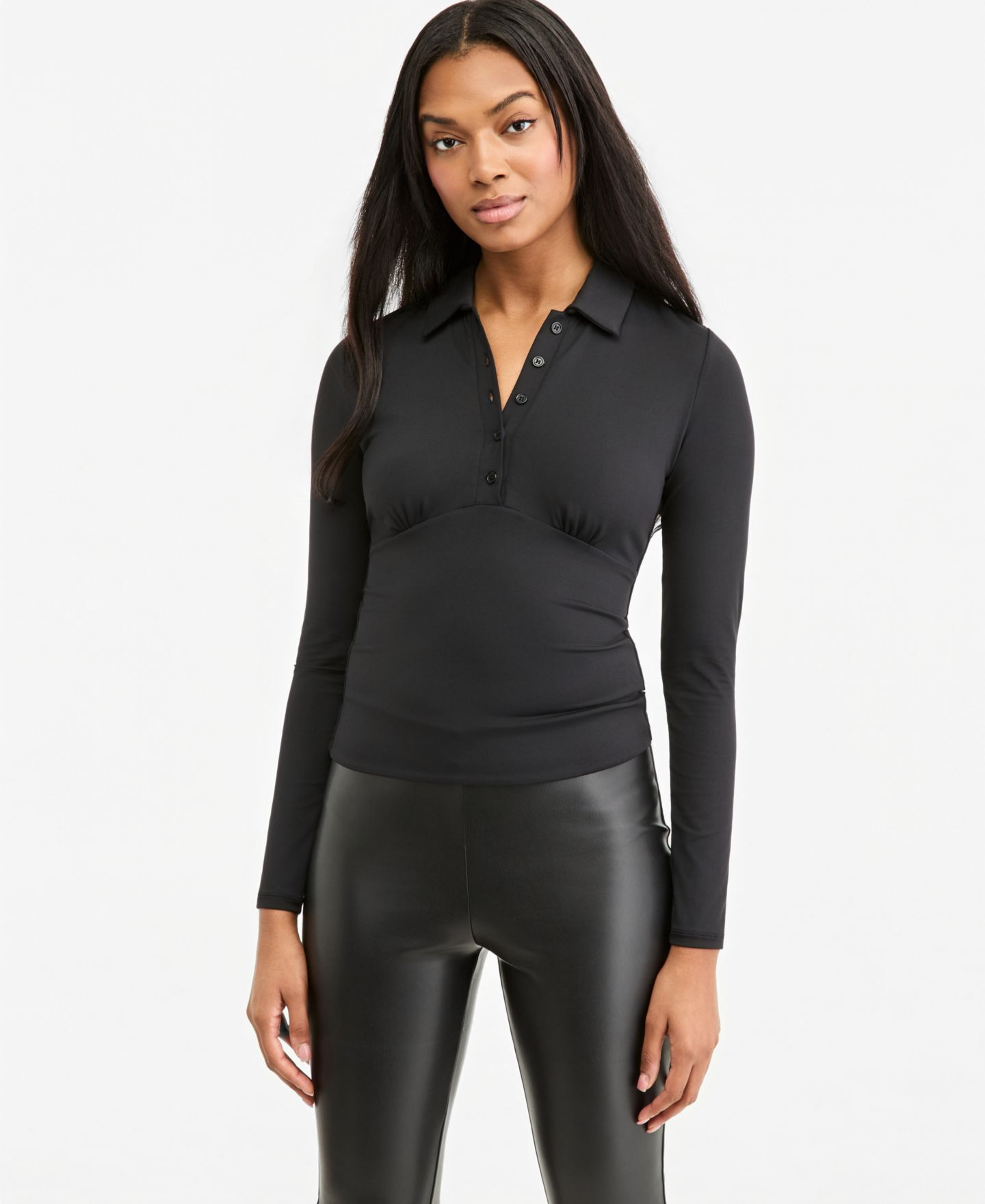 Женское поло Bar III Long-Sleeve Ruched Polo, цвет: Чёрный — фото 1