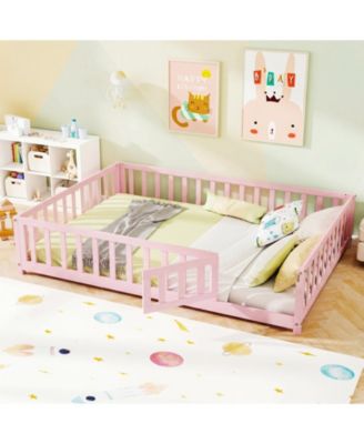Full Size Floor Bed Montessori Bed Frame with Full-length Guardrails and Safety Door